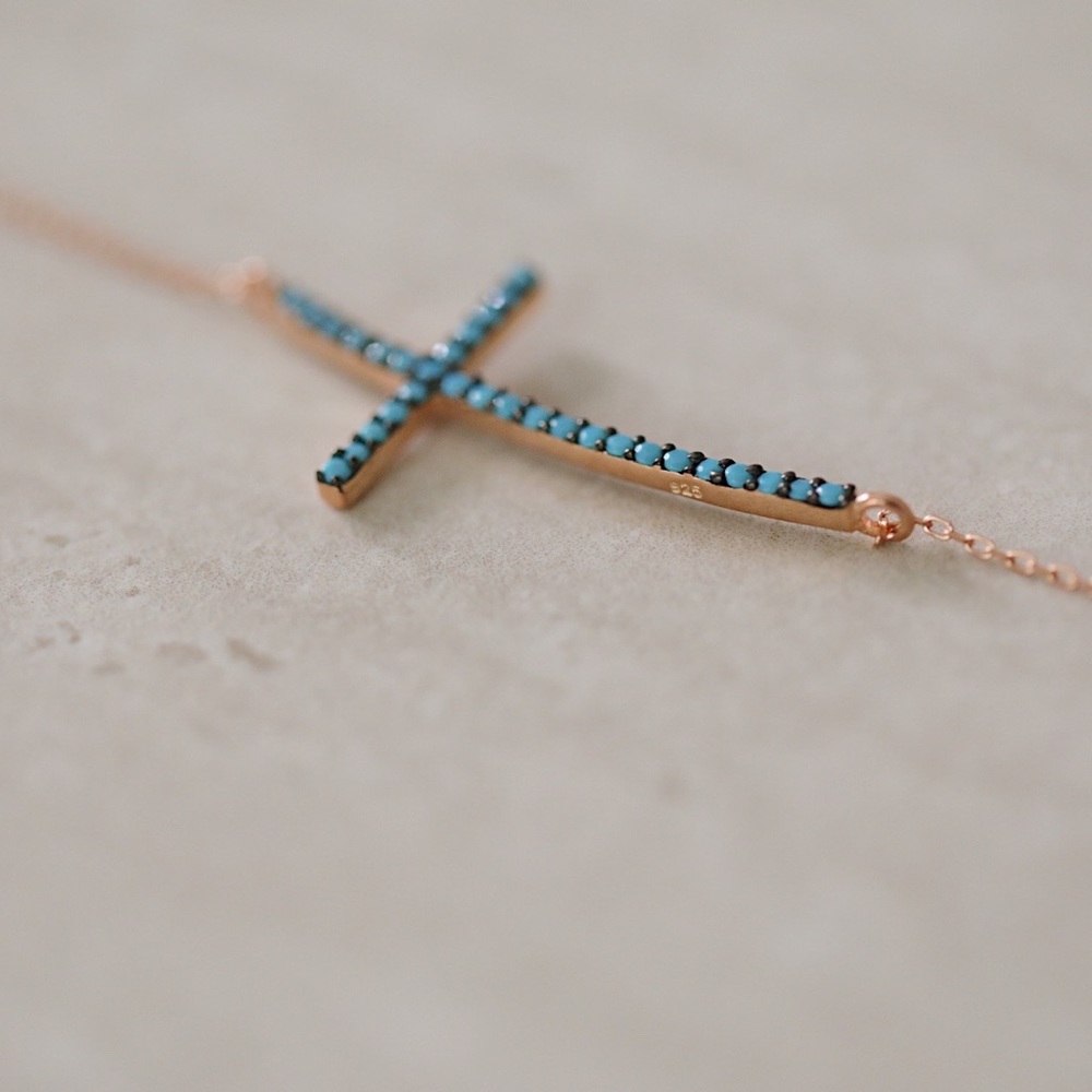 Turquoise Cross Necklace | 14k Rose Gold Plated - Picture 3 of 7